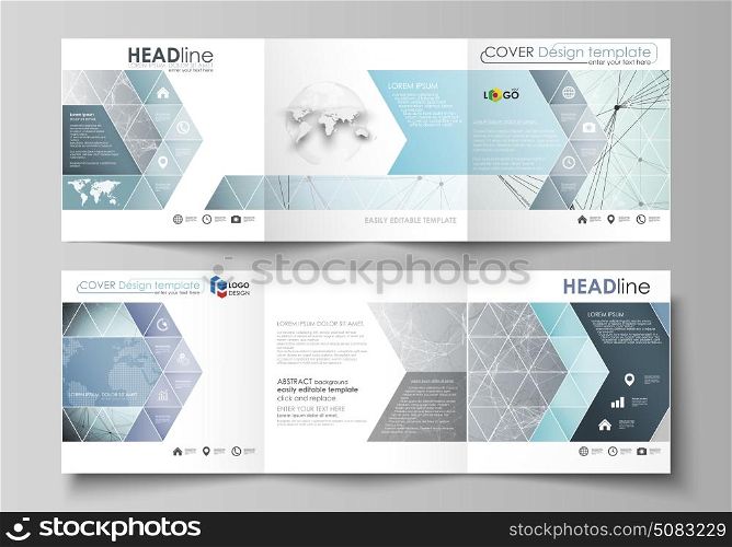 Set of business templates for tri fold square design brochures. Leaflet cover, abstract vector layout. Chemistry pattern, connecting lines and dots, molecule structure, scientific medical DNA research. Set of business templates for tri fold square design brochures. Leaflet cover, abstract flat layout, easy editable vector. Chemistry pattern, connecting lines and dots, molecule structure, scientific medical DNA research.