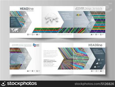 Set of business templates for tri fold square design brochures. Leaflet cover, abstract vector layout. Bright color lines, colorful style with geometric shapes forming beautiful minimalist background.. Set of business templates for tri fold square design brochures. Leaflet cover, abstract flat layout, easy editable vector. Bright color lines, colorful style with geometric shapes forming beautiful minimalist background.