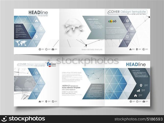 Set of business templates for tri fold square design brochures. Leaflet cover, abstract vector layout. Geometric blue color background, molecule structure, science concept. Connected lines and dots.. Set of business templates for tri fold square design brochures. Leaflet cover, abstract flat layout, easy editable vector. Geometric blue color background, molecule structure, science concept. Connected lines and dots.