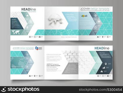 Set of business templates for tri fold square design brochures. Leaflet cover, abstract vector layout. Chemistry pattern, hexagonal molecule structure on blue. Medicine, science and technology concept. Set of business templates, tri fold square design brochures. Leaflet cover, abstract vector layout. Chemistry pattern, hexagonal molecule structure on blue. Medicine, science and technology concept