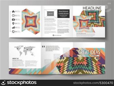 Set of business templates for tri fold square design brochures. Leaflet cover, abstract vector layout. Tribal pattern, geometrical ornament in ethno syle, ethnic backdrop, vintage fashion background.. Set of business templates for tri fold square design brochures. Leaflet cover, abstract vector layout. Tribal pattern, geometrical ornament in ethno syle, ethnic backdrop, vintage fashion background
