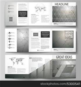 Set of business templates for tri fold square design brochures. Leaflet cover, abstract vector layout. Chemistry pattern, molecule structure on gray background. Science and technology concept.. Set of business templates for tri fold square design brochures. Leaflet cover, abstract vector layout. Chemistry pattern, molecule structure on gray background. Science and technology concept