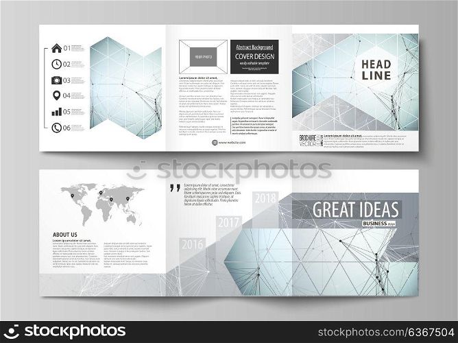 Set of business templates for tri fold square design brochures. Leaflet cover, abstract vector layout. Chemistry pattern, connecting lines and dots, molecule structure, scientific medical DNA research. Set of business templates for tri fold square design brochures. Leaflet cover, abstract flat layout, easy editable vector. Chemistry pattern, connecting lines and dots, molecule structure, scientific medical DNA research.