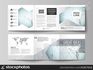 Set of business templates for tri fold square design brochures. Leaflet cover, abstract vector layout. Chemistry pattern, connecting lines and dots, molecule structure, scientific medical DNA research. Set of business templates for tri fold square design brochures. Leaflet cover, abstract flat layout, easy editable vector. Chemistry pattern, connecting lines and dots, molecule structure, scientific medical DNA research.