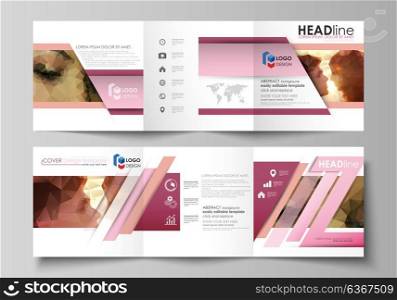 Set of business templates for tri fold square design brochures. Leaflet cover, abstract vector layout. Romantic couple kissing. Beautiful background. Geometrical pattern in triangular style.. Set of business templates for tri fold square design brochures. Leaflet cover, abstract flat layout, easy editable vector. Romantic couple kissing. Beautiful background. Geometrical pattern in triangular style.