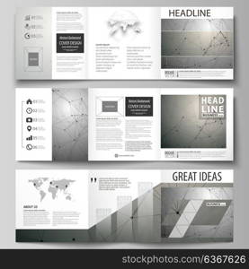 Set of business templates for tri fold square design brochures. Leaflet cover, abstract vector layout. Chemistry pattern, molecule structure on gray background. Science and technology concept.. Set of business templates for tri fold square design brochures. Leaflet cover, abstract flat layout, easy editable vector. Chemistry pattern, molecule structure on gray background. Science and technology concept.