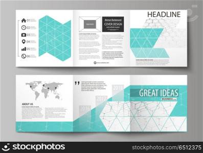Set of business templates for tri fold square design brochures. Leaflet cover, abstract vector layout. Chemistry pattern, hexagonal molecule structure on blue. Medicine, science and technology concept. Set of business templates for tri fold square design brochures. Leaflet cover, abstract flat layout, easy editable vector. Chemistry pattern, hexagonal molecule structure on blue. Medicine, science and technology concept.