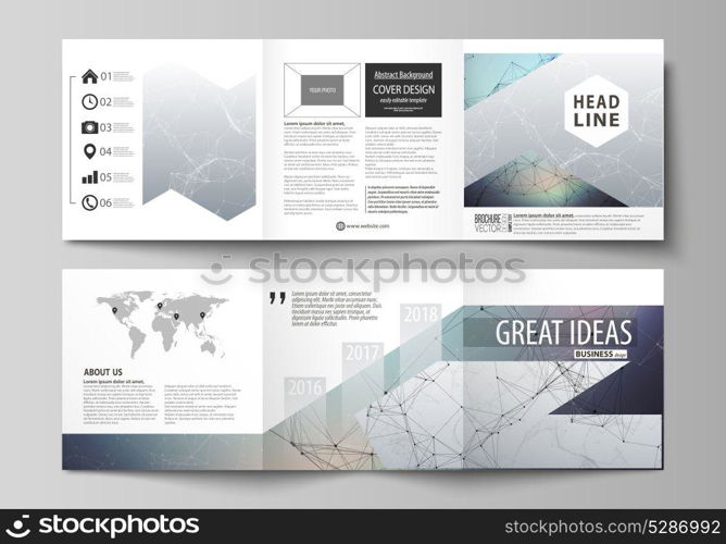 Set of business templates for tri fold square design brochures. Leaflet cover, vector layout. Compounds lines and dots. Big data visualization in minimal style. Graphic communication background.. Set of business templates for tri fold square design brochures. Leaflet cover, vector layout. Compounds lines and dots. Big data visualization in minimal style. Graphic communication background