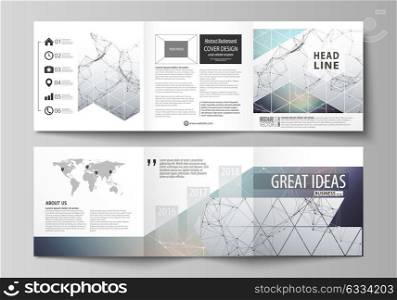Set of business templates for tri fold square design brochures. Leaflet cover, vector layout. Compounds lines and dots. Big data visualization in minimal style. Graphic communication background.. Set of business templates for tri fold square design brochures. Leaflet cover, abstract flat layout, easy editable vector. Compounds lines and dots. Big data visualization in minimal style. Graphic communication background.