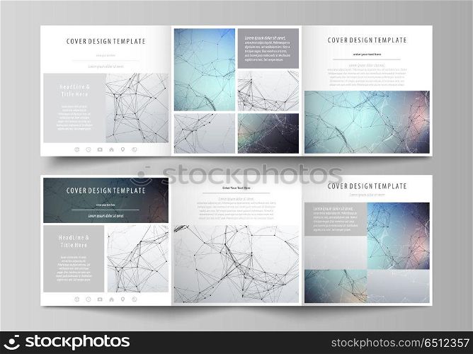 Set of business templates for tri fold square design brochures. Leaflet cover, vector layout. Compounds lines and dots. Big data visualization in minimal style. Graphic communication background.. Set of business templates for tri fold square design brochures. Leaflet cover, abstract flat layout, easy editable vector. Compounds lines and dots. Big data visualization in minimal style. Graphic communication background.