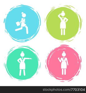 Set of business woman white silhouettes icons in round frames of different colors. Women in action. Lady dressed formally full length. Businesswoman activities at work. Positions and actions of person. Set of business woman white silhouettes icons in round frames of different colors. Women in action