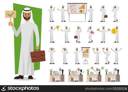 Set of Businessman character design, Muslim, Arab. Vector illustration.