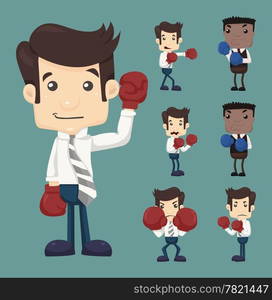 Set of businessman fight with boxing gloves characters poses , eps10 vector format