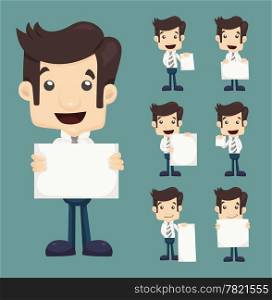 Set of businessman holding blank notes characters poses , eps10 vector format