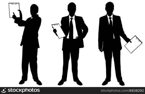 set of businessman holding clipboards isolated on white
