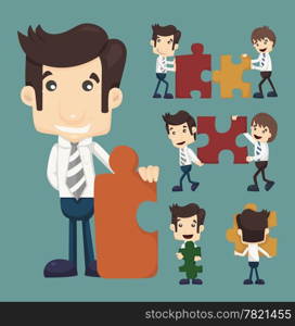 Set of businessman holding up jigsaw puzzle pieces as a solution to a problem , eps10 vector format