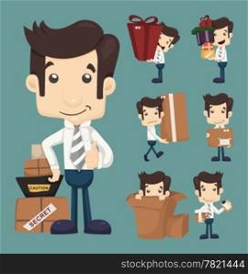 Set of businessman moving office and packing in boxes characters poses , eps10 vector format