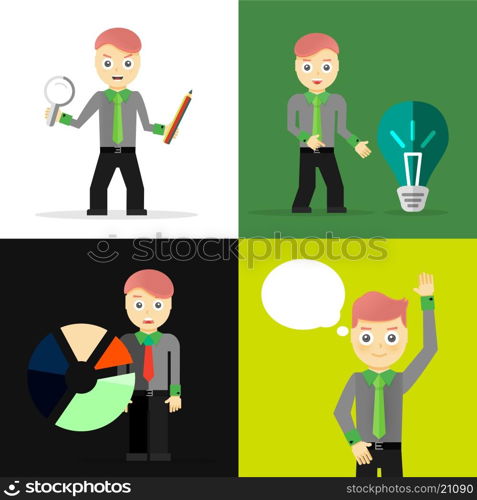 Set of businessman pose character concepts. Step, world, office and charts. Flat design