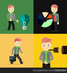 Set of businessman pose character concepts. Step, world, office and charts. Flat design