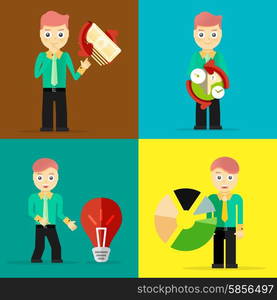 Set of businessman pose character concepts. Step, world, office and charts. Flat design