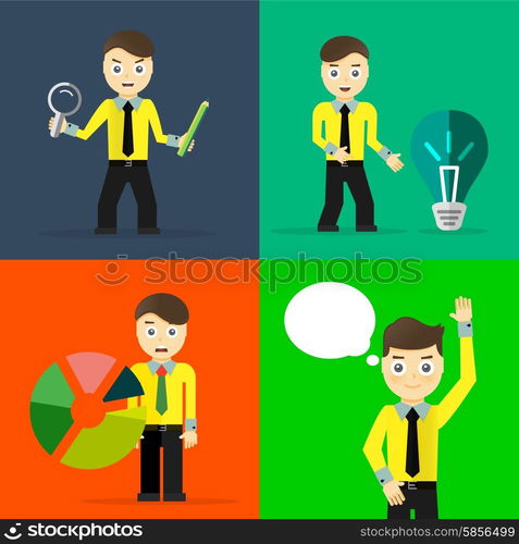 Set of businessman pose character concepts. Step, world, office and charts. Flat design