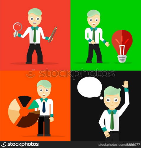 Set of businessman pose character concepts. Step, world, office and charts. Flat design