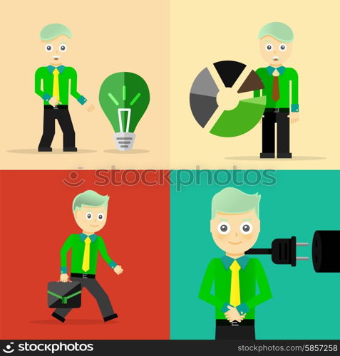 Set of businessman pose character concepts. Step, world, office and charts. Flat design