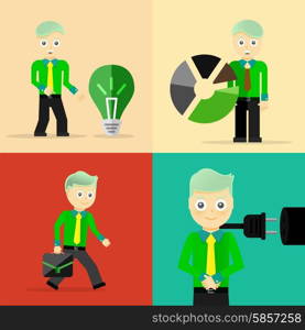 Set of businessman pose character concepts. Step, world, office and charts. Flat design