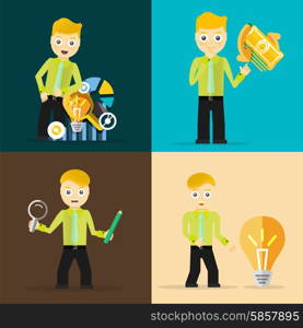 Set of businessman pose character concepts. Step, world, office and charts. Flat design