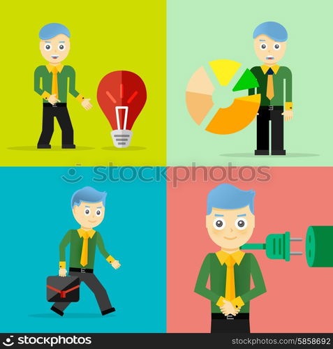 Set of businessman pose character concepts. Step, world, office and charts. Flat design