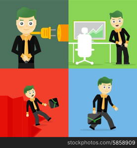 Set of businessman pose character concepts. Step, world, office and charts. Flat design