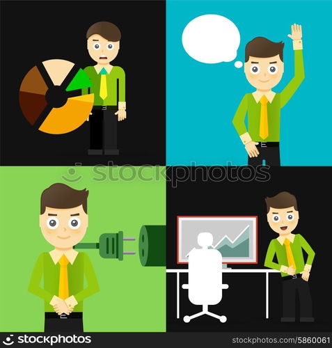 Set of businessman pose character concepts. Step, world, office and charts. Flat design