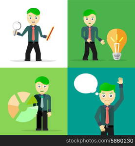 Set of businessman pose character concepts. Step, world, office and charts. Flat design