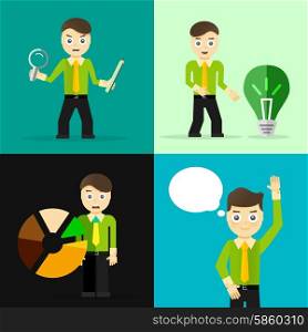 Set of businessman pose character concepts. Step, world, office and charts. Flat design