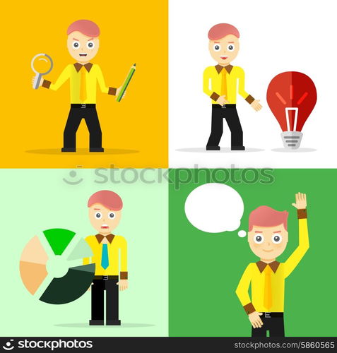 Set of businessman pose character concepts. Step, world, office and charts. Flat design