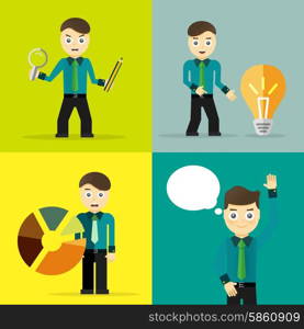 Set of businessman pose character concepts. Step, world, office and charts. Flat design