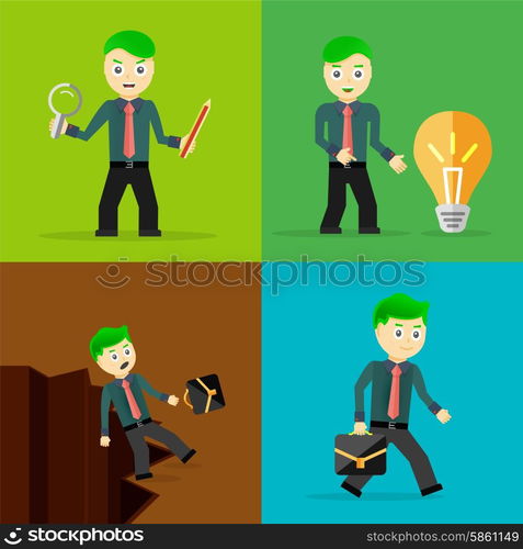 Set of businessman pose character concepts. Step, world, office and charts. Flat design