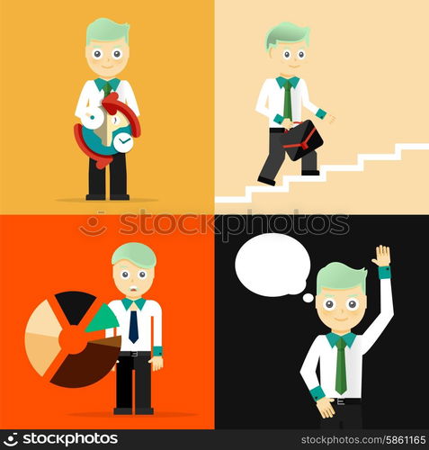 Set of businessman pose character concepts. Step, world, office and charts. Flat design