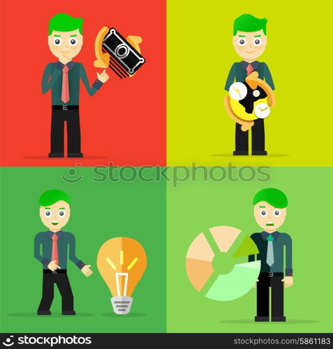 Set of businessman pose character concepts. Step, world, office and charts. Flat design