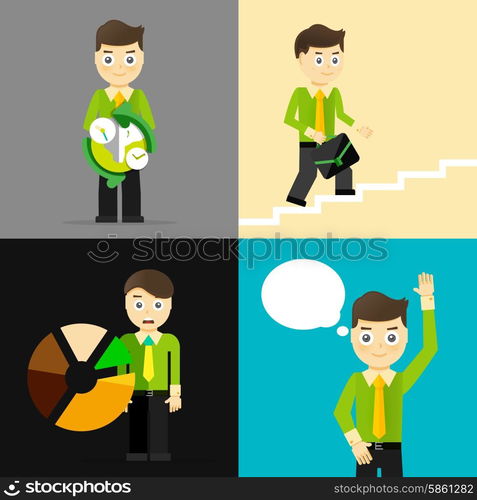 Set of businessman pose character concepts. Step, world, office and charts. Flat design