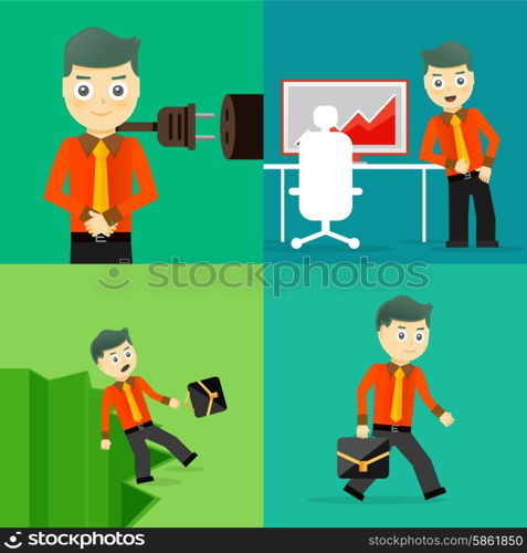 Set of businessman pose character concepts. Step, world, office and charts. Flat design