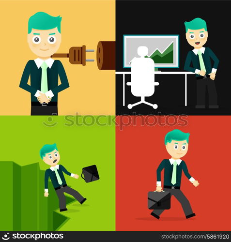 Set of businessman pose character concepts. Step, world, office and charts. Flat design