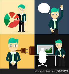 Set of businessman pose character concepts. Step, world, office and charts. Flat design
