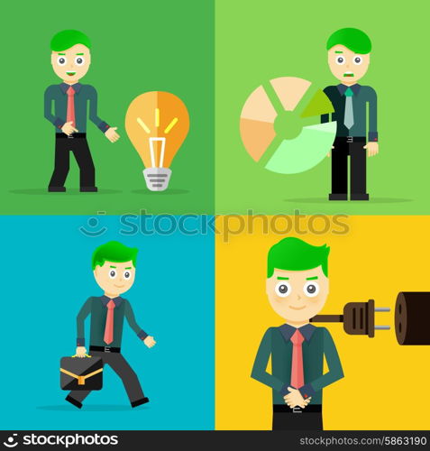 Set of businessman pose character concepts. Step, world, office and charts. Flat design