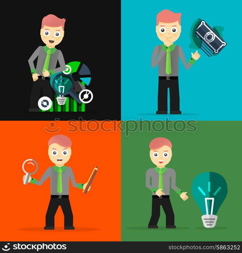 Set of businessman pose character concepts. Step, world, office and charts. Flat design