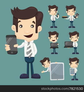 Set of businessman show tablet and smart phone characters poses , eps10 vector format