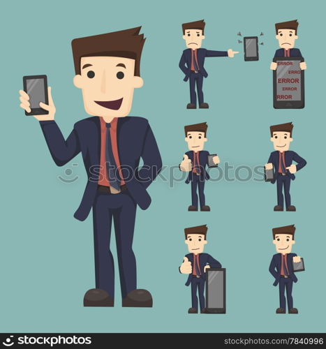 Set of businessman show tablet and smart phone characters poses , eps10 vector format