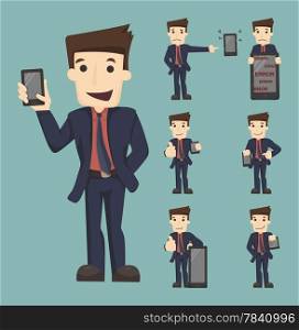Set of businessman show tablet and smart phone characters poses , eps10 vector format