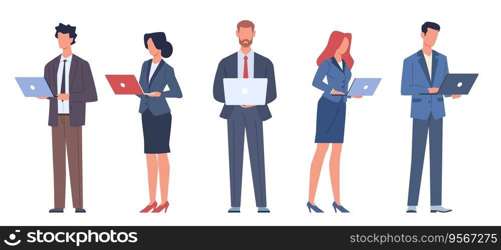 Set of businessman working holding laptops. Men and women in business suits standing and use digital device. Employee works with computers. Vector cartoon flat style isolated on white technology set. Set of businessman working holding laptops. Men and women in business suits standing and use digital device. Employee works with computers. Vector cartoon flat style isolated technology set