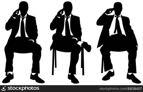 Set of businessmen on chairs talking on the phone isolated on white